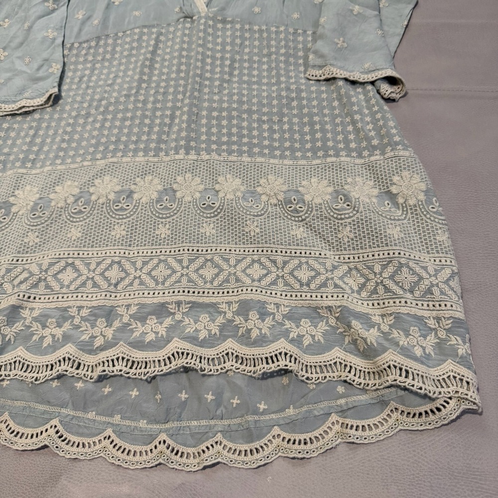 Johnny Was Blue Embroider Eyelet Rayon V-Neck Cottage Prairie Tunic Dress-S-6398 - Picture 4 of 10